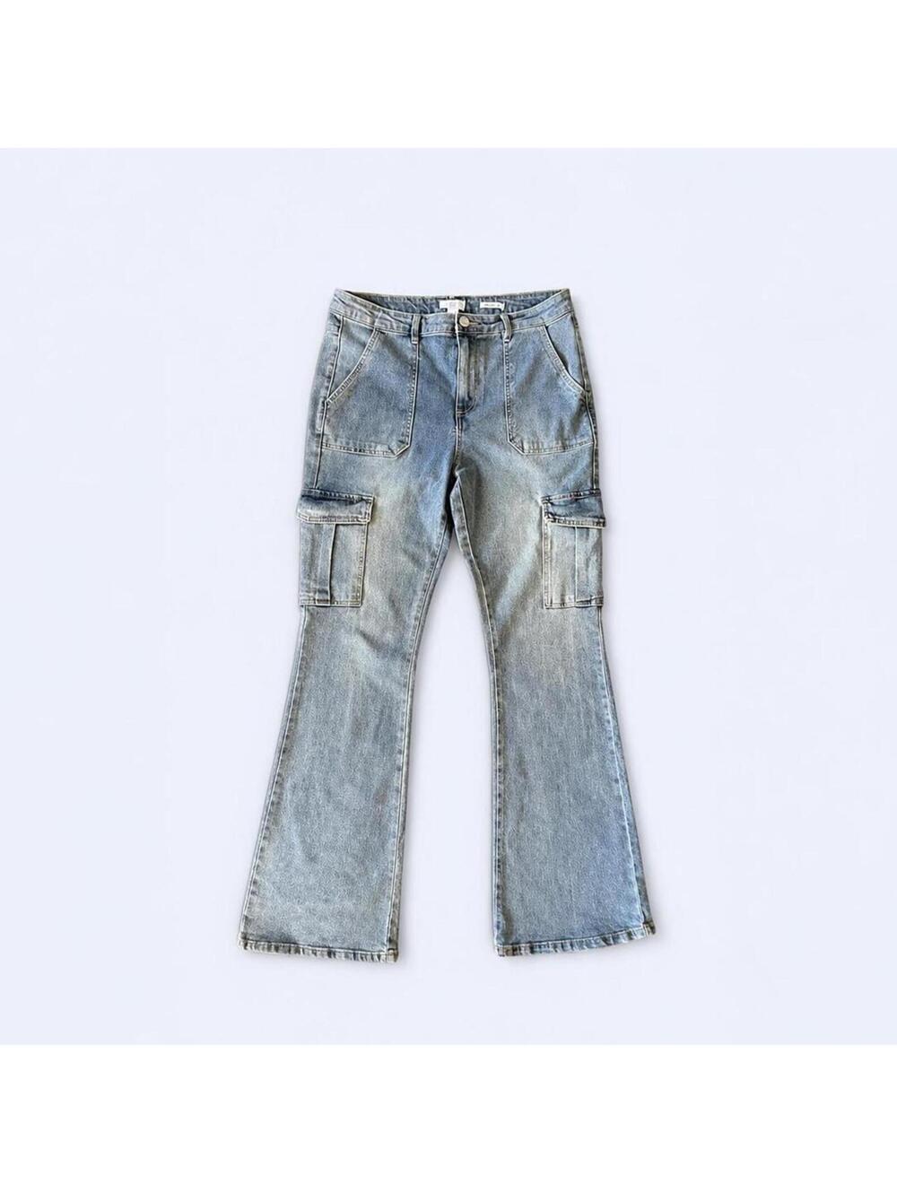 Forever 21 Premium High Rise Flare Cargo Jeans Light Wash Y2K Size 30 🩵